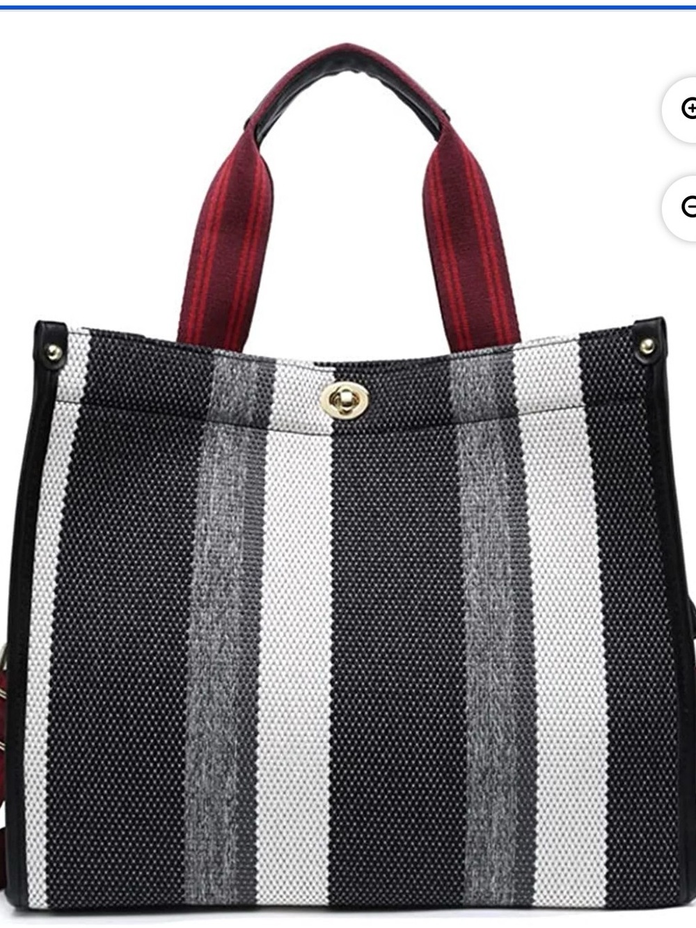 Striped Black & White Canvas Tote with Red Handles